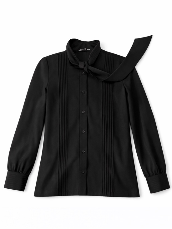 Alice Stuart Tops - Women’s Black Pintuck Tie-Neck Button-Down Blouse